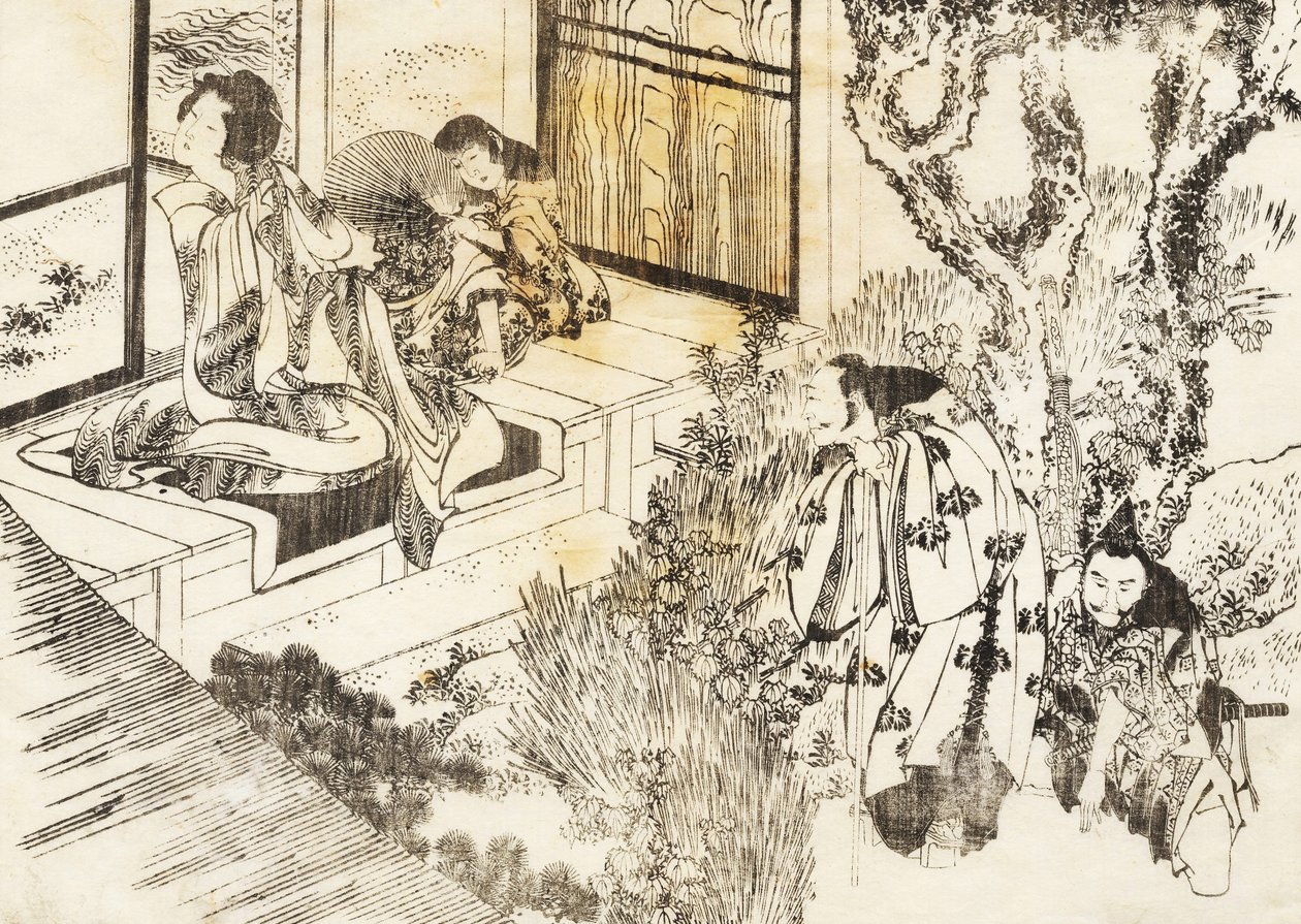 Mies katselee kaunista naista tekijältä Katsushika Hokusai