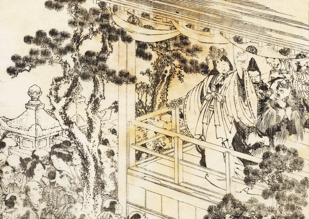 Kohtaus shintopyhäkkötanssista tekijältä Katsushika Hokusai