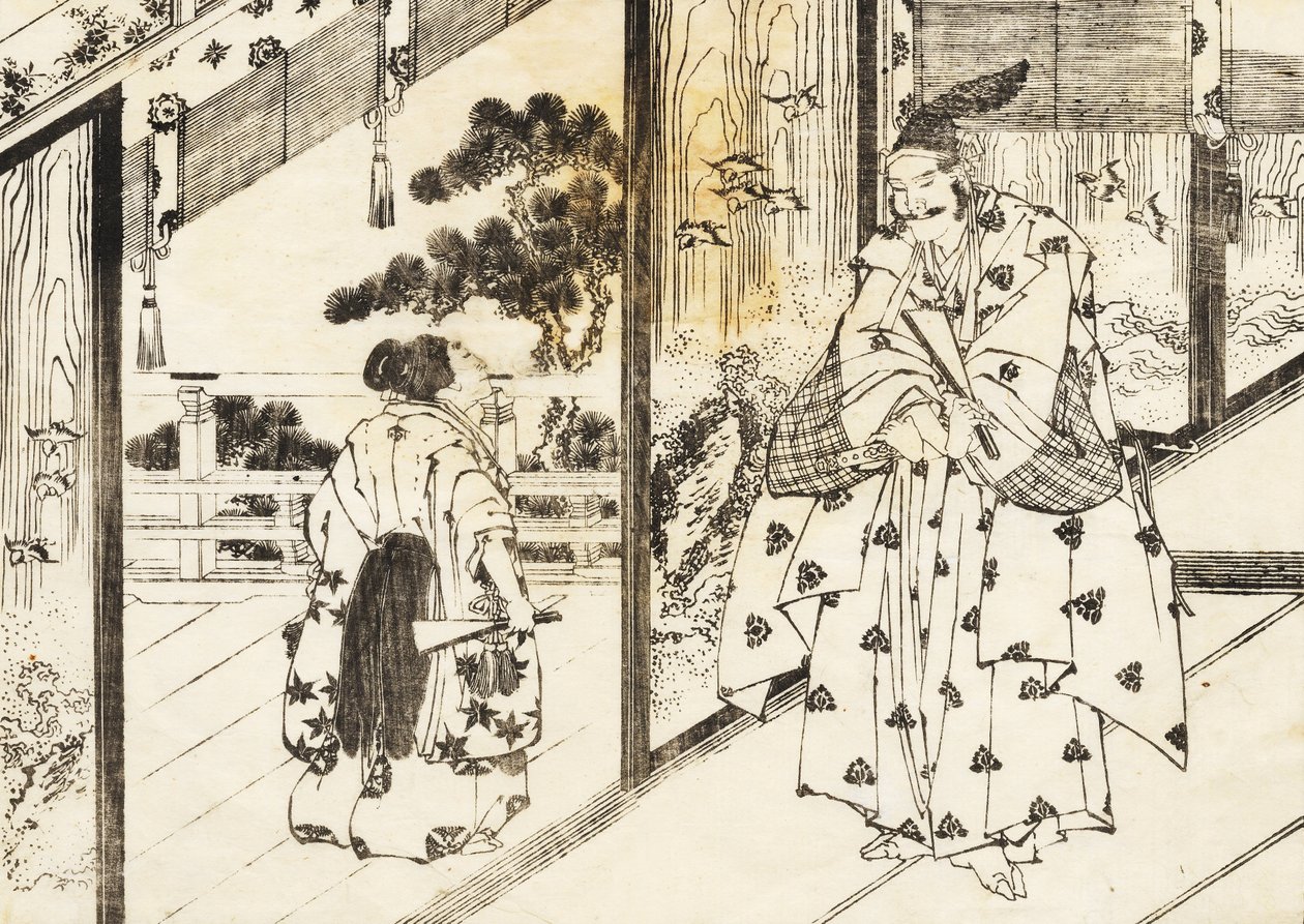 Hyvin koulutettu poika kunnioittaa vanhempaa miestä tekijältä Katsushika Hokusai