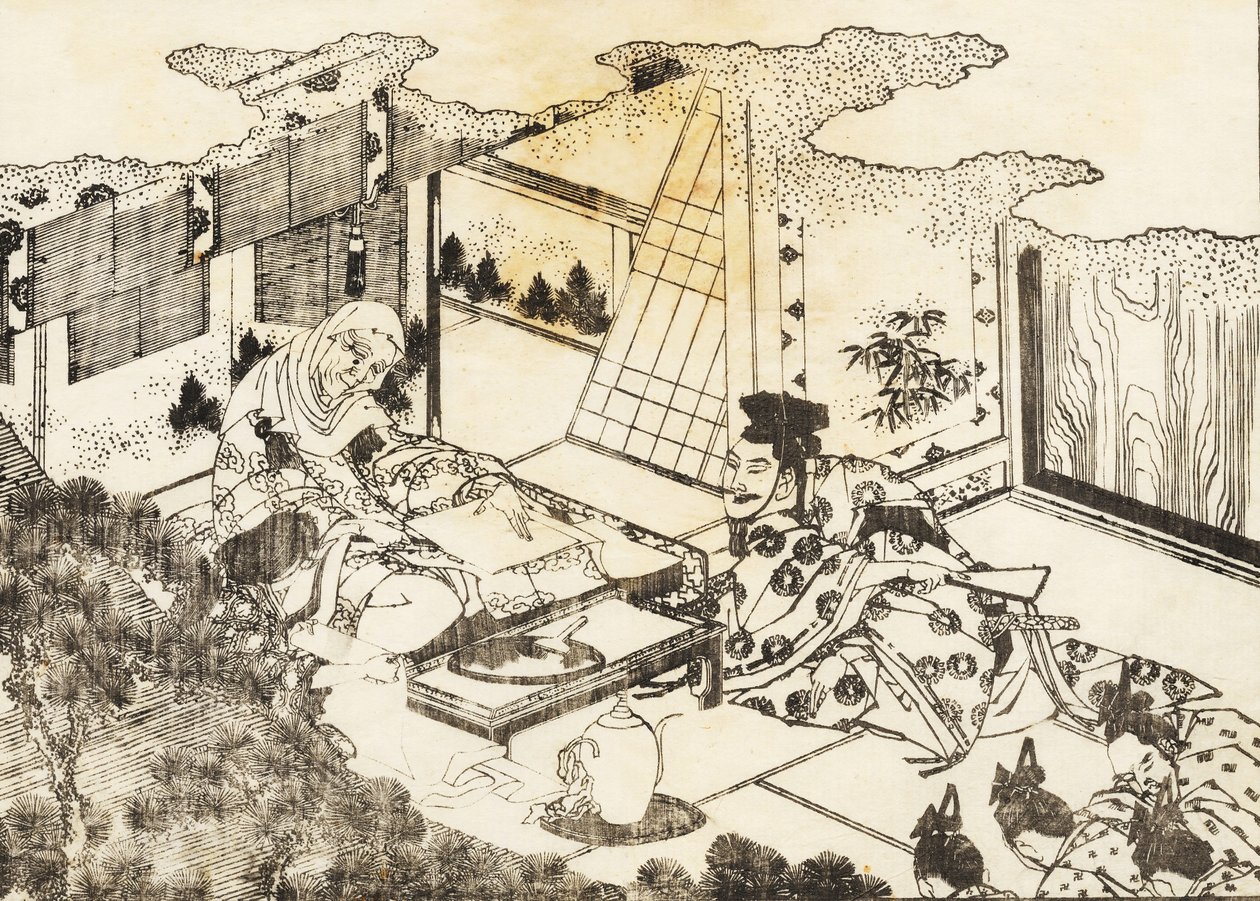 Vanha nainen, ehkä buddhalainen nunna, istuu ja nuori nainen lukee hänelle jotain tekijältä Katsushika Hokusai
