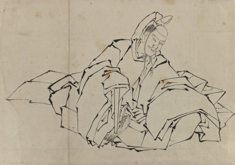 Piirustus istuvasta aatelismiehestä täyspuvussa tekijältä Katsushika Hokusai