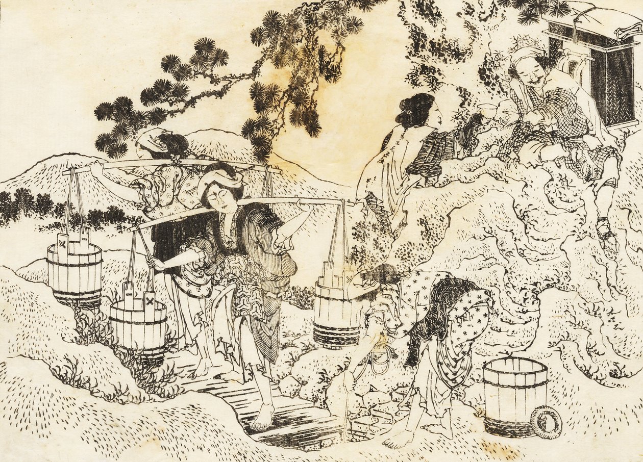 Neljä naista työskentelee kovasti ja kantaa altaita vettä tekijältä Katsushika Hokusai