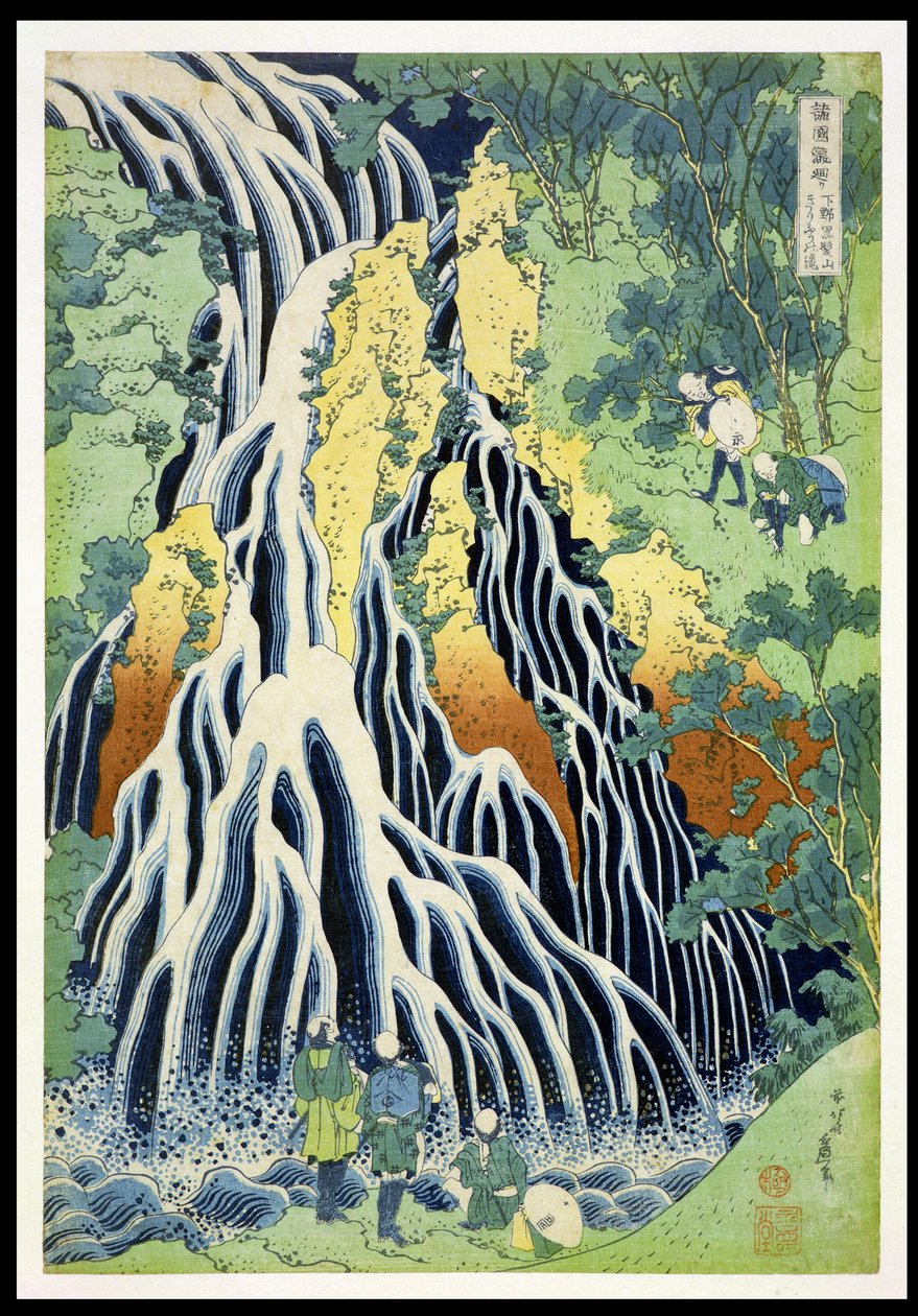 Kirifura Fall in Kurokawa Mountain", sarjasta "Matka kaikkien maakuntien vesiputouksiin" ("Shokoku taki meguri"), pub. by Nishimura Eijudo, n. 1832 (käsinvärinen puupalikkaprintti) tekijältä Katsushika Hokusai