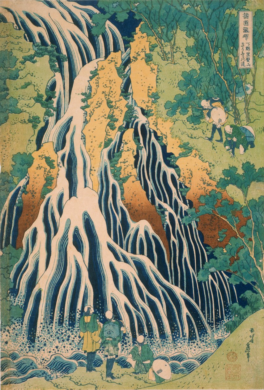Pyhiinvaeltajat Kirifurin vesiputouksella Kurokamin vuorella Shimotsuken maakunnassa tekijältä Katsushika Hokusai