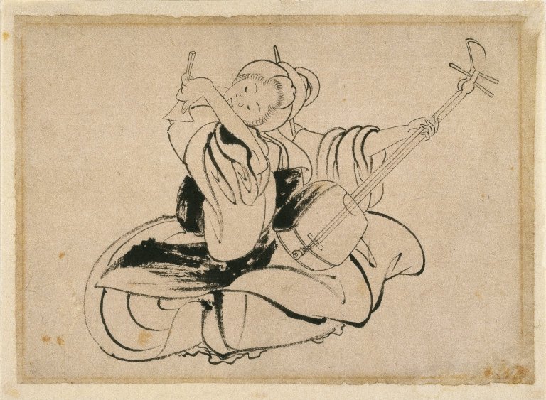Istuva nainen ja Shamisen tekijältä Katsushika Hokusai