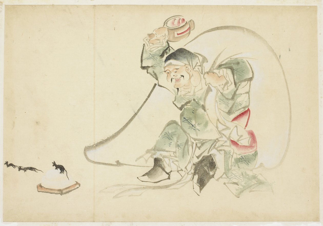 Daikoku, onnenjumala, taikuutensa kanssa Nuija tekijältä Katsushika (school of) Hokusai