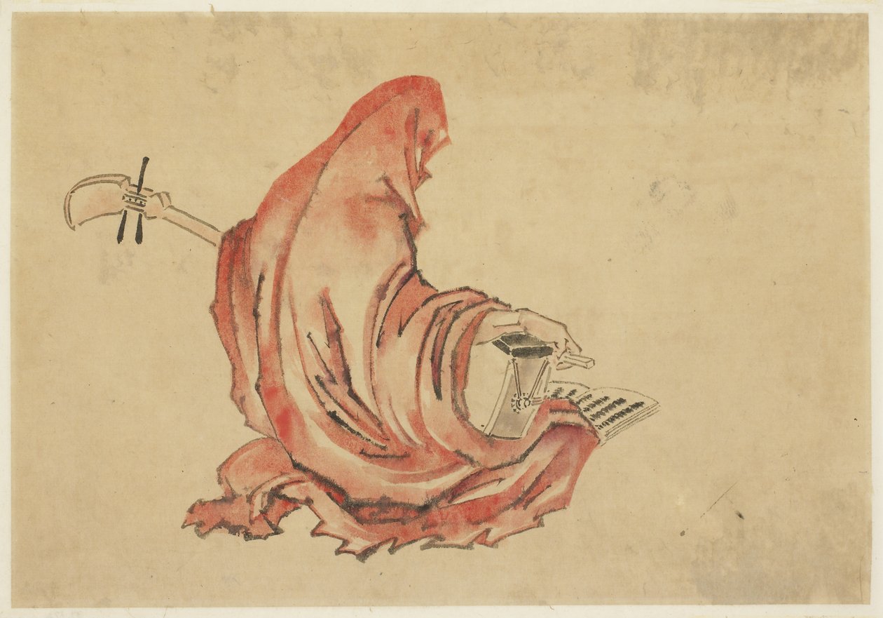 Daruma pelaa Shamisenia, n. 1815-1849 (muste ja väri paperille) tekijältä Katsushika (school of) Hokusai
