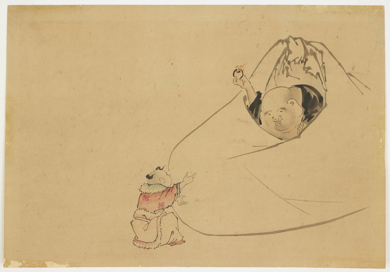 Hotei tarjoaa palavaa jalokiviä pienelle pojalle, n. 1850 (muste ja väri paperille) tekijältä Katsushika (school of) Hokusai