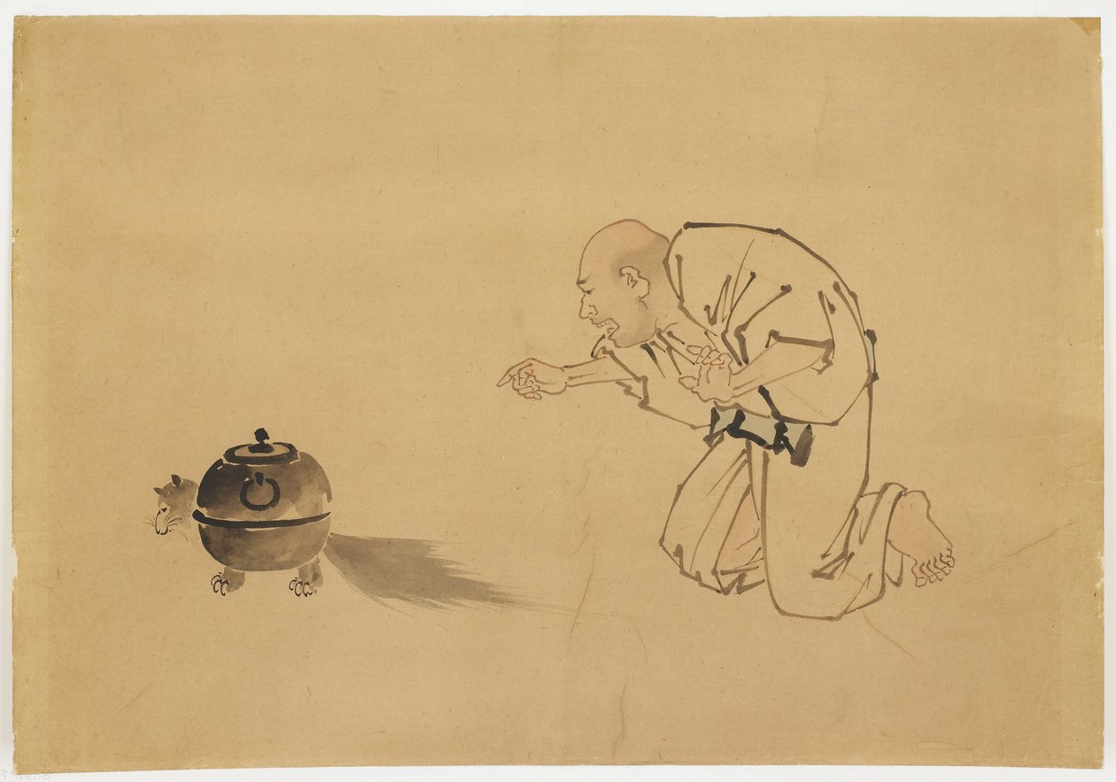 Kuvitus "Tanuki Teakettle", n. 1850 (muste ja väri paperille) tekijältä Katsushika (school of) Hokusai