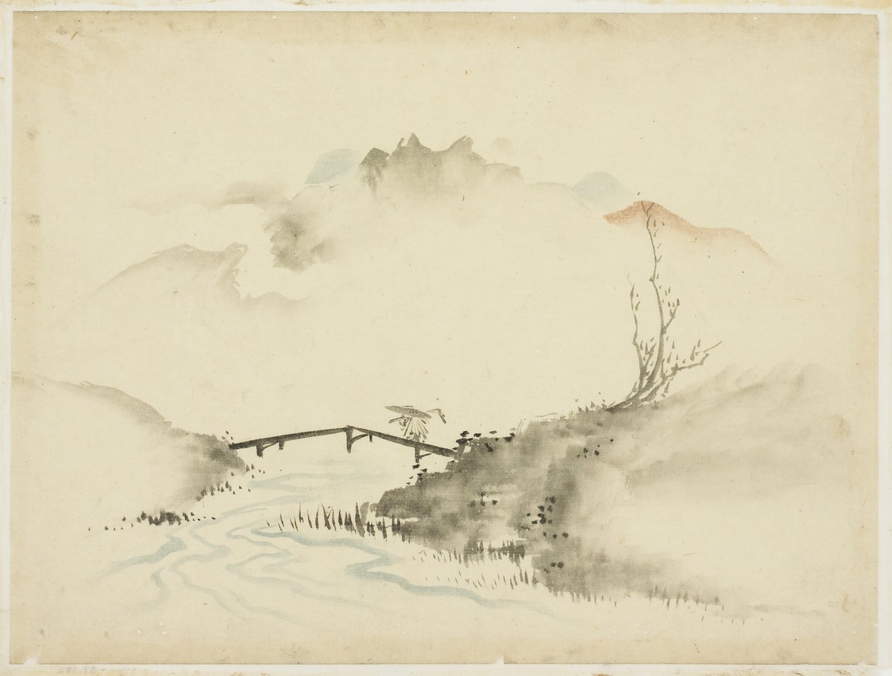 Maisema Farmer Crossing Bridgen kanssa, 1615-1868 (muste ja väri paperille) tekijältä Katsushika (school of) Hokusai