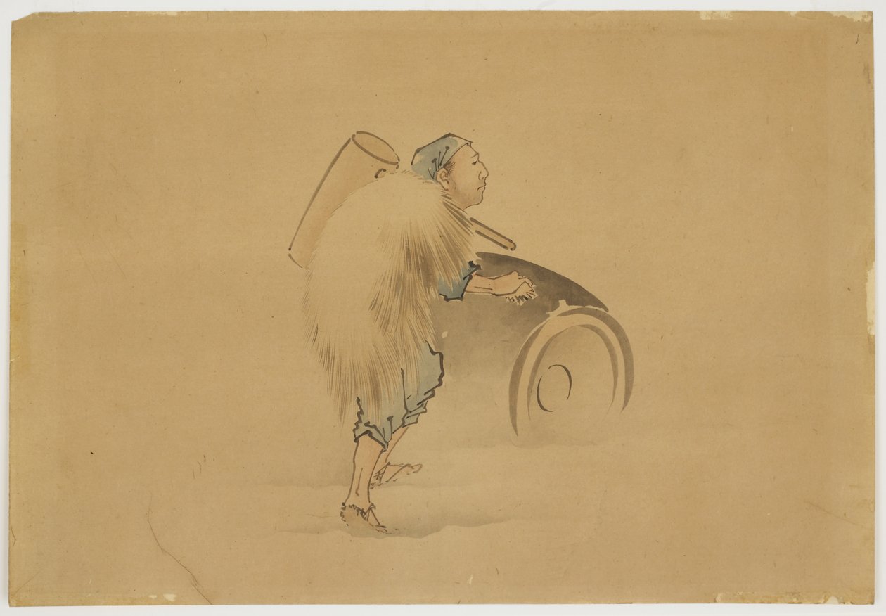 Mies Mallet Rolling Barrelin kanssa, n. 1850 (muste ja väri paperille) tekijältä Katsushika (school of) Hokusai