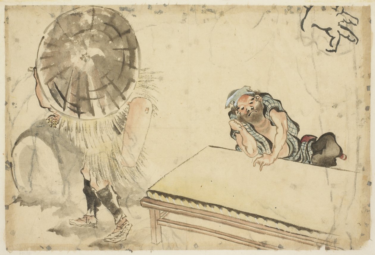 Mochi Maker ja Tatami Maker (kaksi luonnokset), n. 1815-1849 (muste ja väri paperille) tekijältä Katsushika (school of) Hokusai