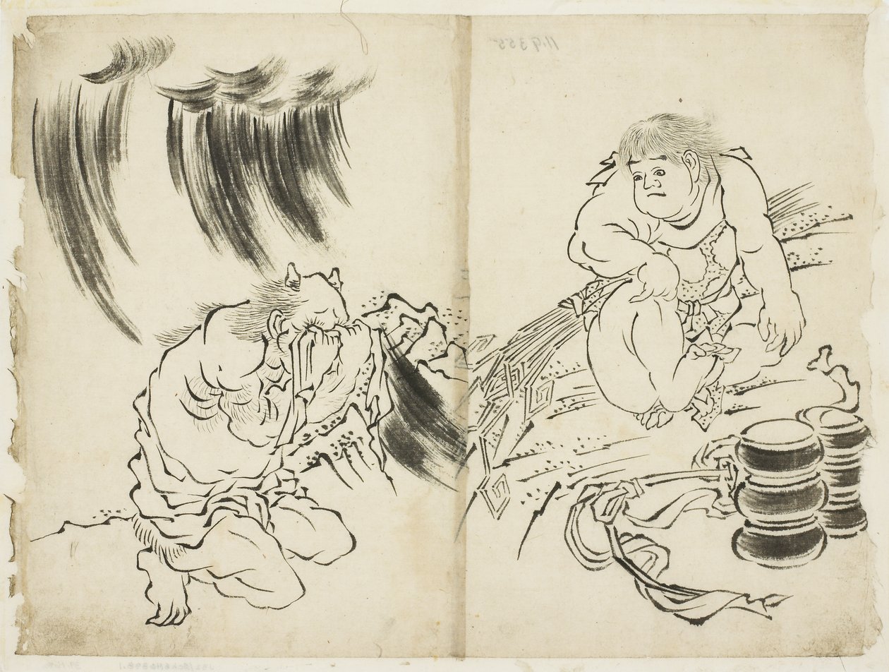 Myrskyn personifikaatio Kintaron ja Weeping Oni, n. 1815-1849 (muste paperille) tekijältä Katsushika (school of) Hokusai