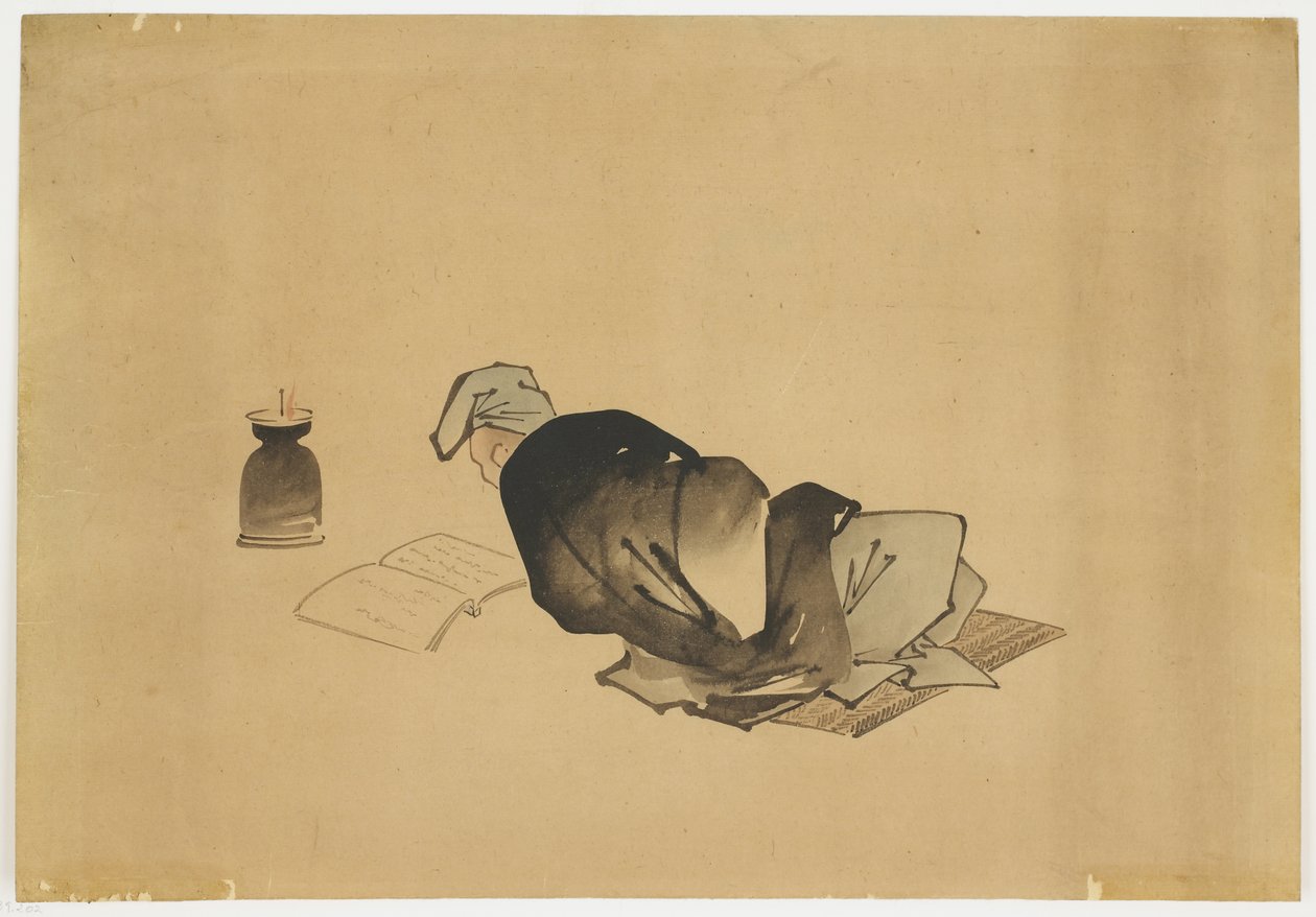 Makaava mies lukee lampunvalossa, n. 1850 (muste ja väri paperille) tekijältä Katsushika (school of) Hokusai