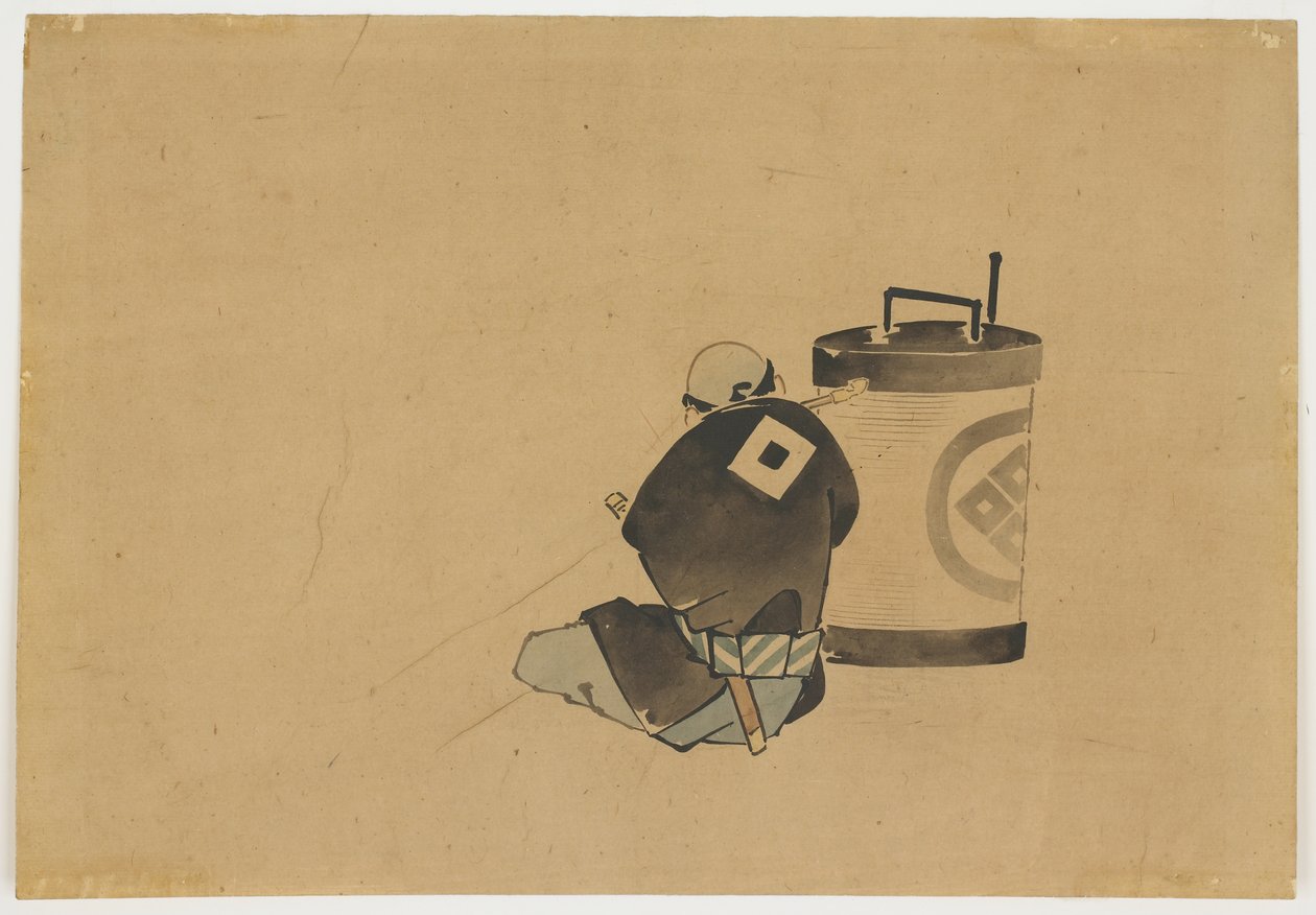 Istuva hoitaja tupakointi lampun ääressä, n. 1850 (muste ja väri paperille) tekijältä Katsushika (school of) Hokusai