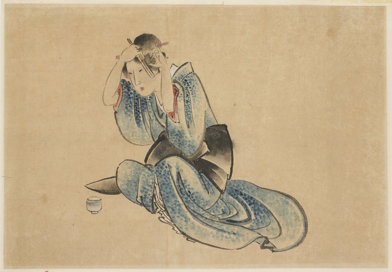 Istuva nainen wc-tilassaan tekijältä Katsushika (school of) Hokusai