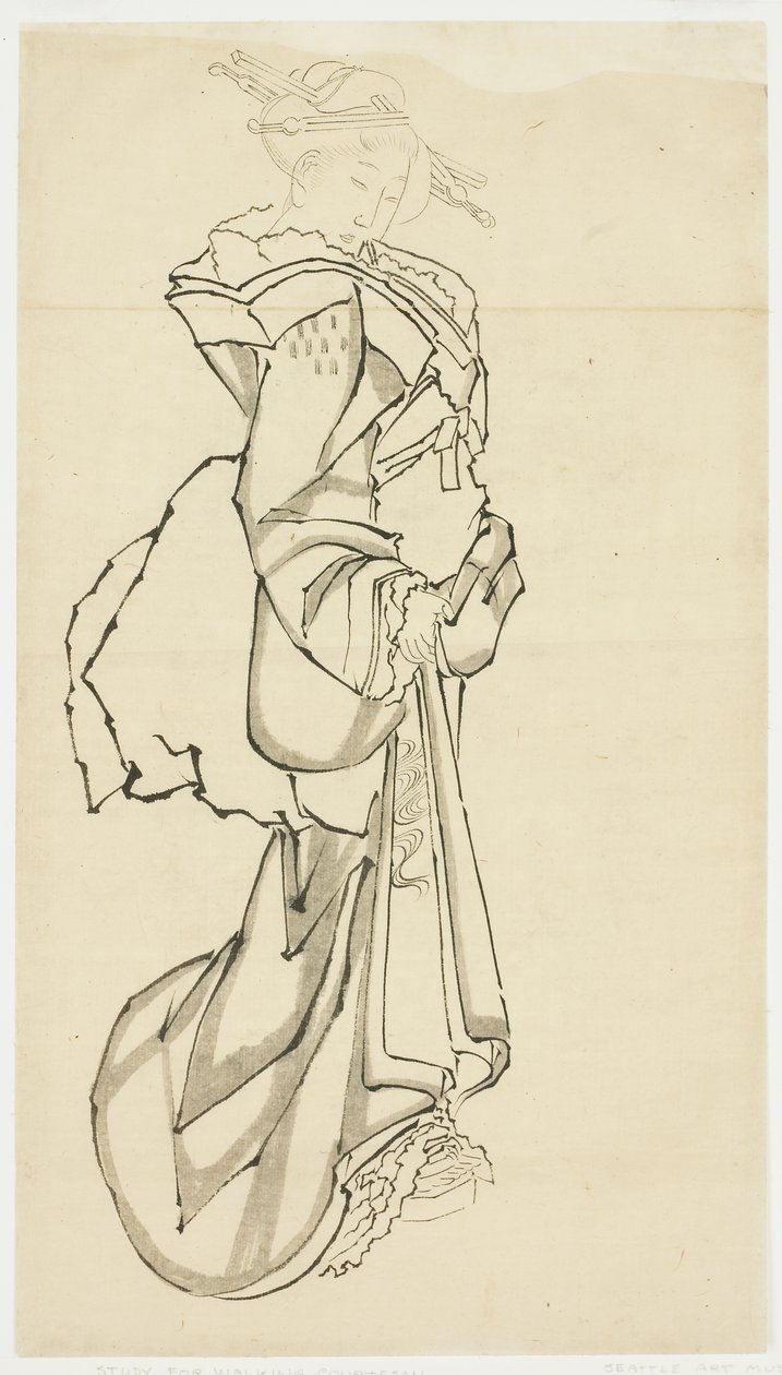 Kävelevä kurtisaani (tutkimus), n. 1815-1849 (muste paperille tekijältä Katsushika (school of) Hokusai
