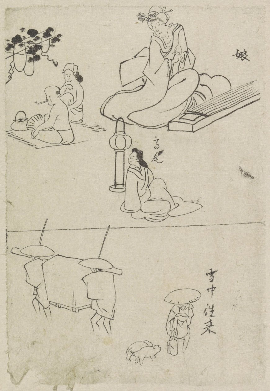 Erilaisia ​​esityksiä, mukaan lukien koto-nainen, istuva nainen ja kaksi miestä tekijältä After Katsushika Hokusai