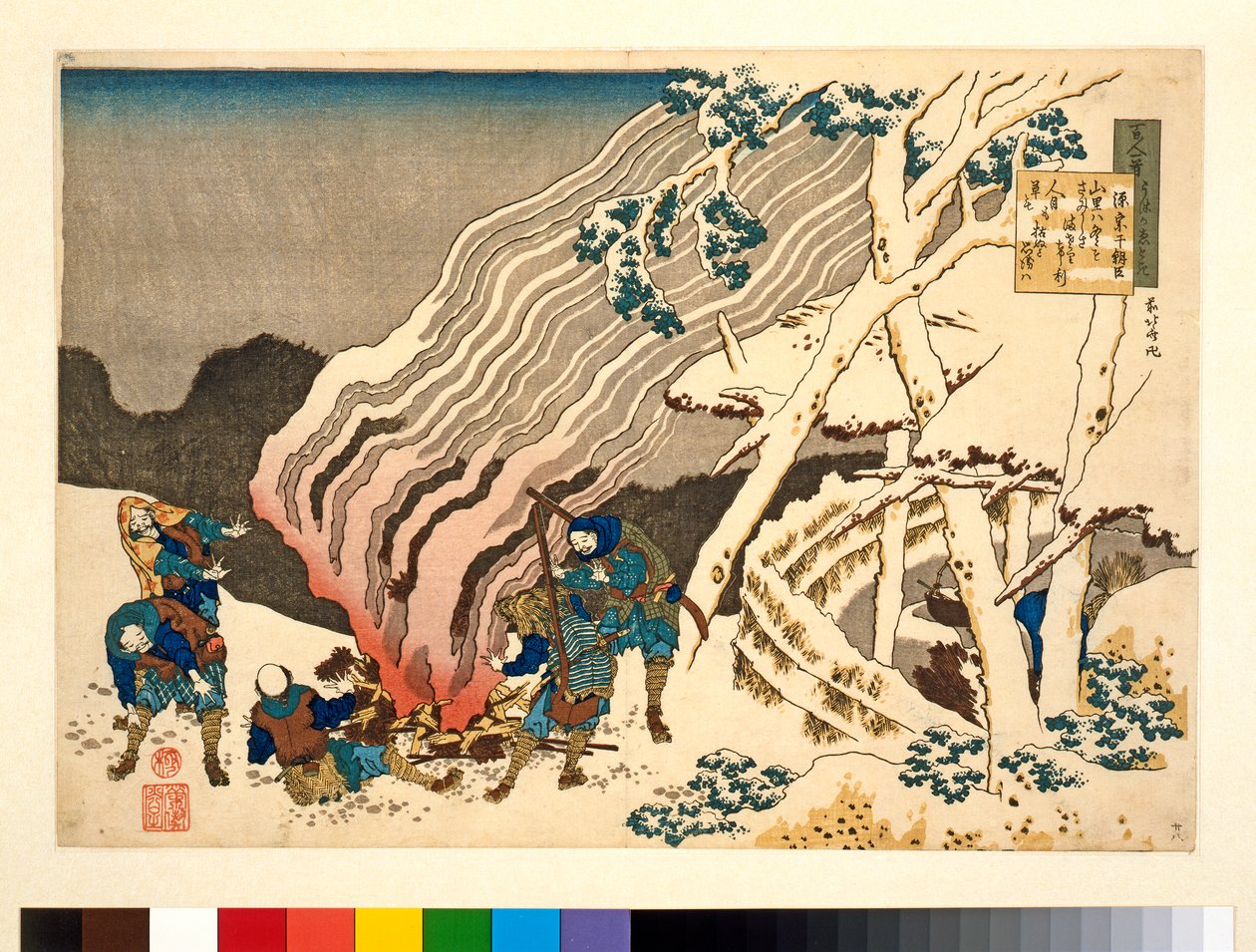 0H Riches 1913 Metsästäjät tulipalossa lumessa sarjasta "100 runoa, jonka sairaanhoitaja selittää" ("Hyakunin isshu uba ga etoki"), n. 1835-38 tekijältä Katsushika Hokusai