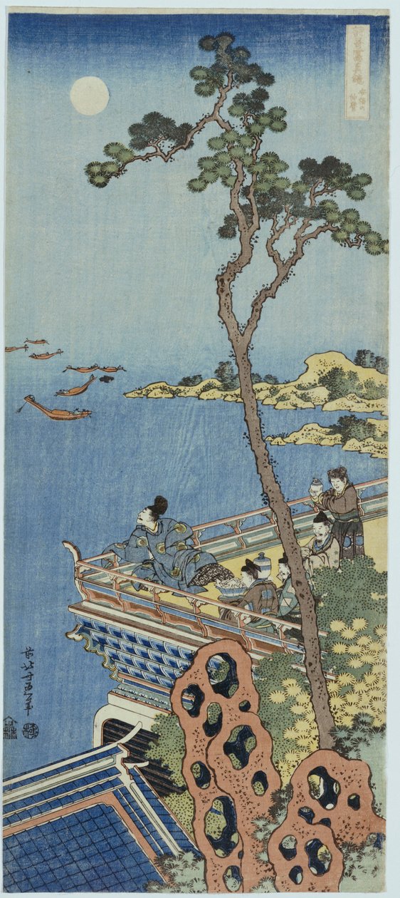 Hoviherra kiinalaisen paviljongin parvekkeella katsomassa kaukaisuuteen kuutamoisena yönä sarjasta "Kiinalaisen ja japanilaisen säkeen peili" tekijältä Katsushika Hokusai