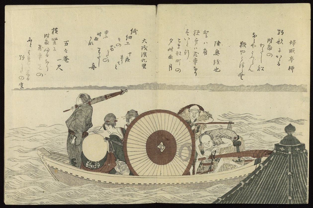 Lautta Sumida-joella kirjasta Pääkaupungin linnut (Miyakodori) tekijältä Katsushika Hokusai