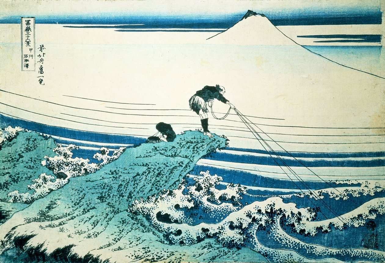"Kalastaja seisoo kallioisella niemekkeellä Kajikazawassa Kain maakunnassa", sarjasta "36 Views of Mt.Fuji", pub. noin 1830-31, tekijältä Katsushika Hokusai