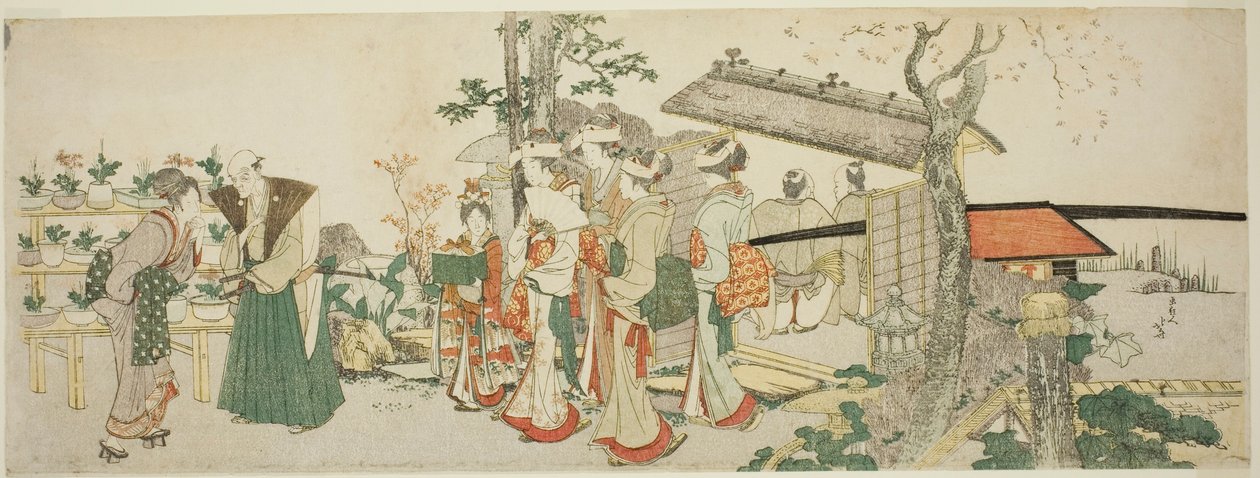 Nuorten naisten ryhmä astumassa puutarhaviljelijän puutarhaan tekijältä Katsushika Hokusai