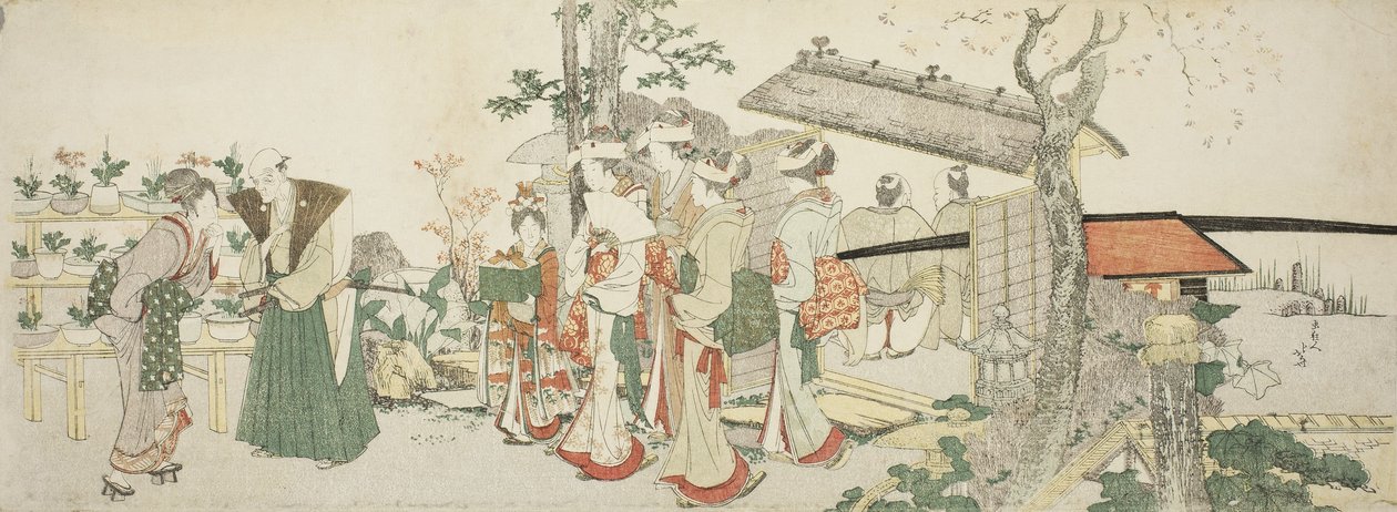 Ryhmä nuoria naisia astumassa puutarhanhoitajan puutarhaan tekijältä Katsushika Hokusai