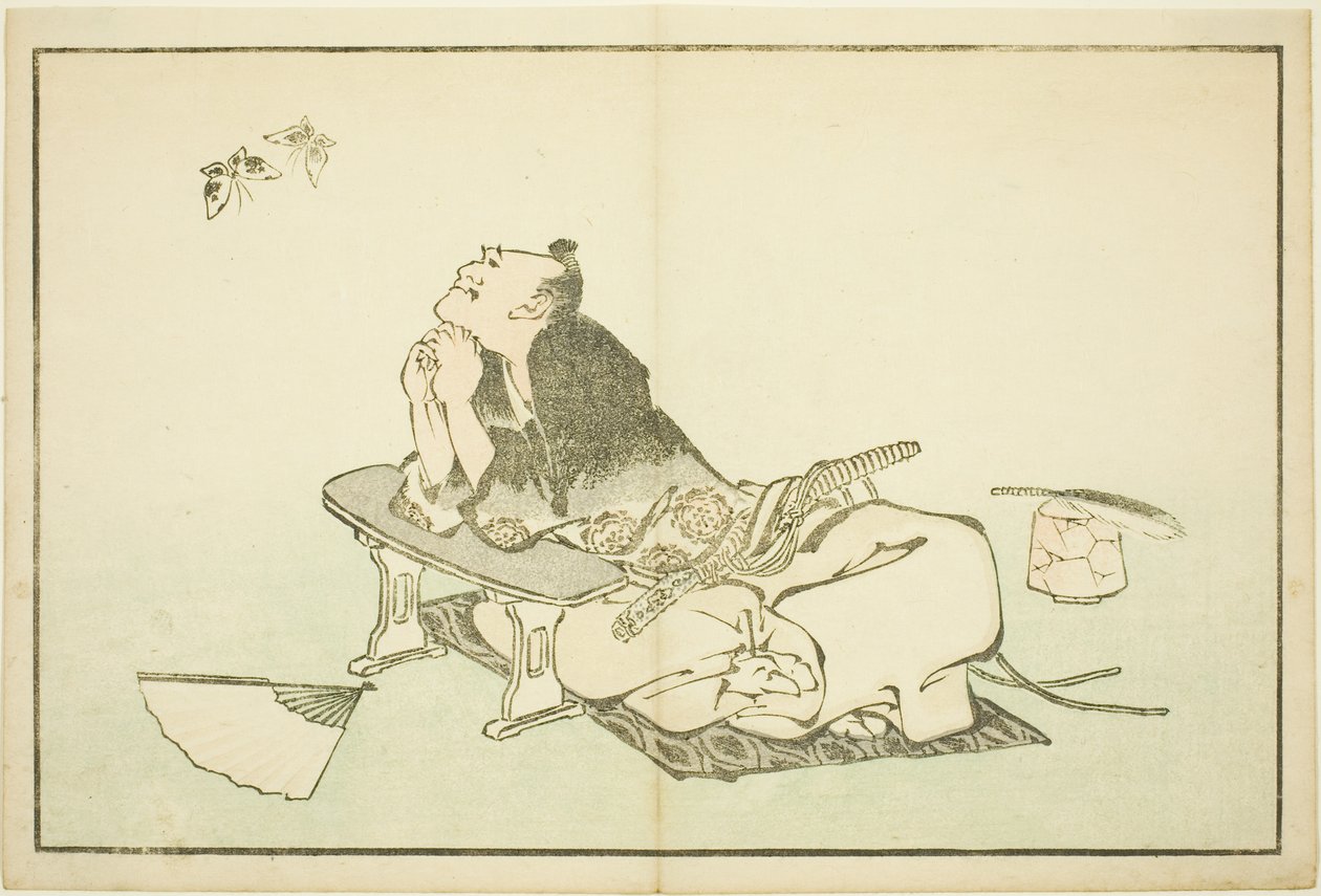 Filosofi katselemassa perhosparia Hokusain realististen maalausten kuvakirjasta (Hokusai shashin gafu) tekijältä Katsushika Hokusai