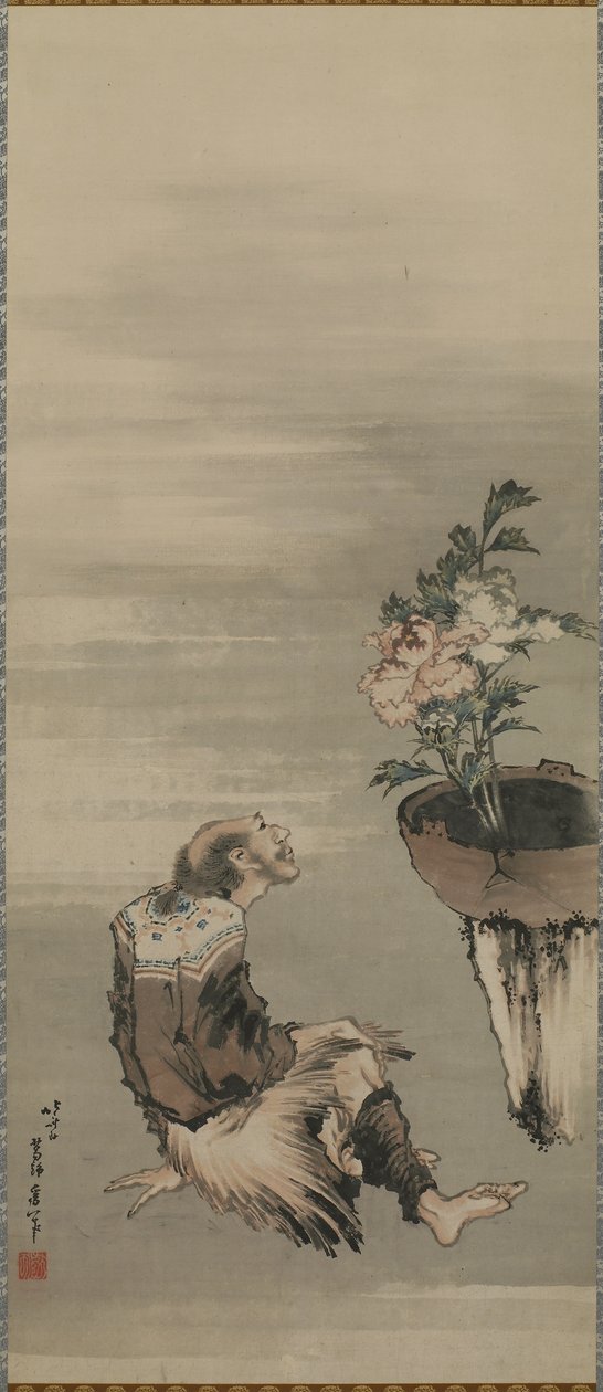 Istuva mies katselee ruukkupioneja, Edo-aika (muste ja väri paperille) tekijältä Katsushika Hokusai