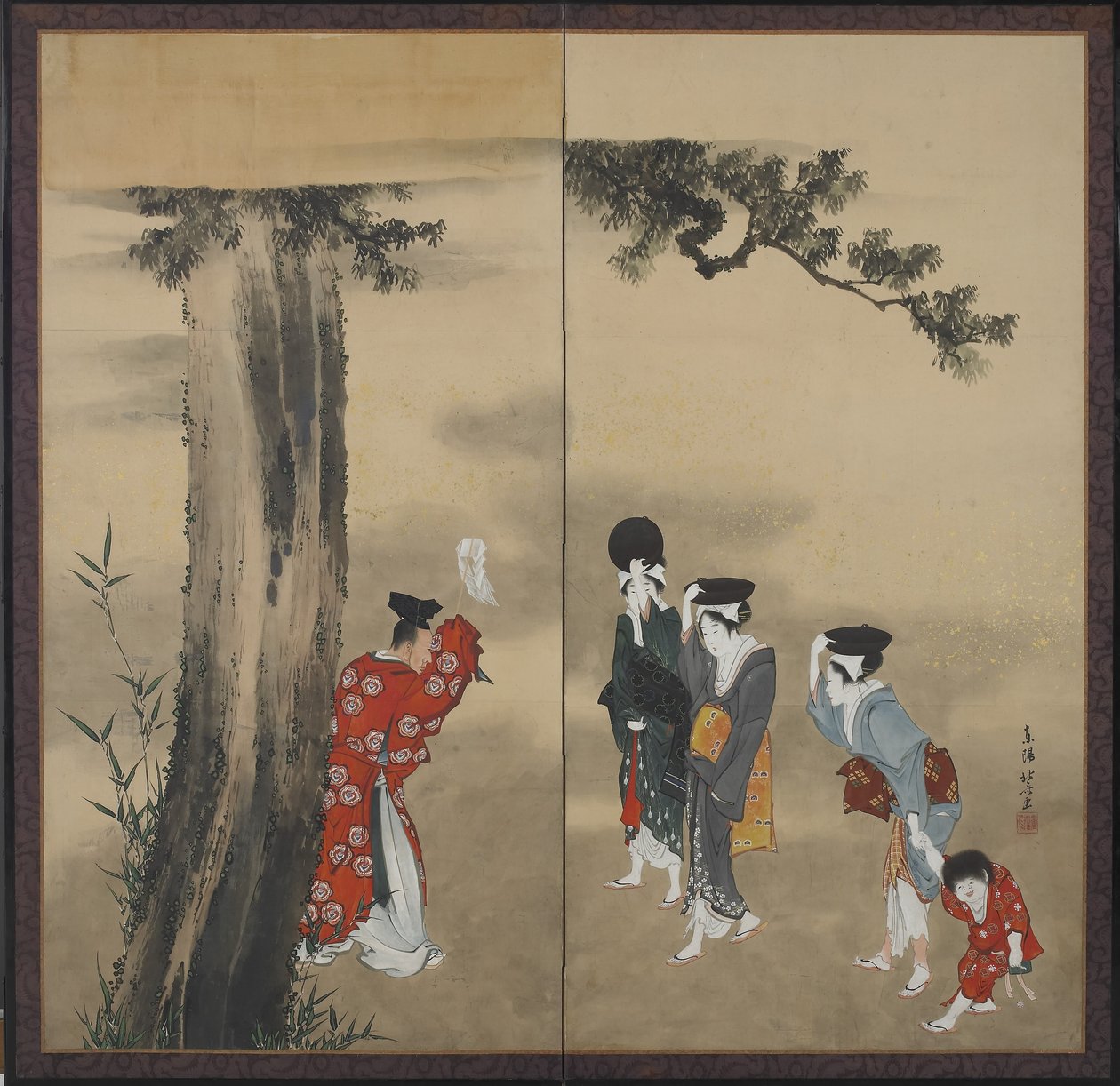 Shinto-pappi, kolme naista ja lapsi tekijältä Katsushika Hokusai