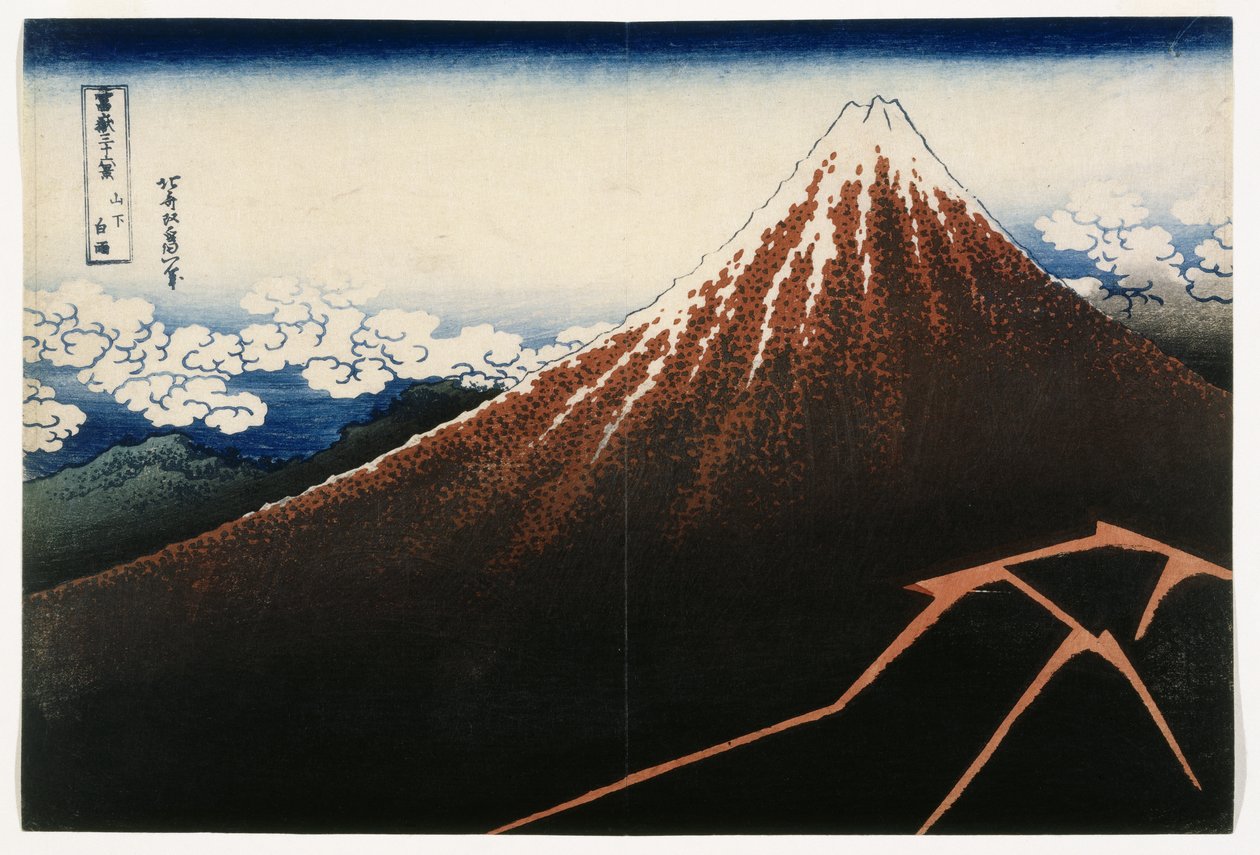 Suihku huipun alla, sarjasta Kolmekymmentäkuusi näkymää Fuji-vuorelle (Fugaku sanjurokkei), n. 1823 (puupainatus) tekijältä Katsushika Hokusai