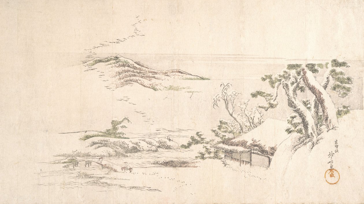 Lumen peittämä maisema harmaiden pilvien kanssa, n. 1800. tekijältä Katsushika Hokusai
