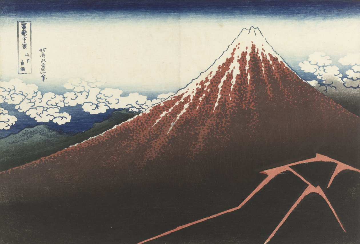 Ukkosmyrsky huipun alapuolella, n. 1830 (puupainatus) tekijältä Katsushika Hokusai