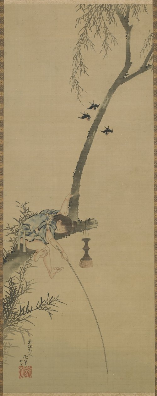 Poika kalastamassa puun oksasta, Edo-kausi (muste ja sävy silkkipaneelissa) tekijältä Katsushika Hokusai