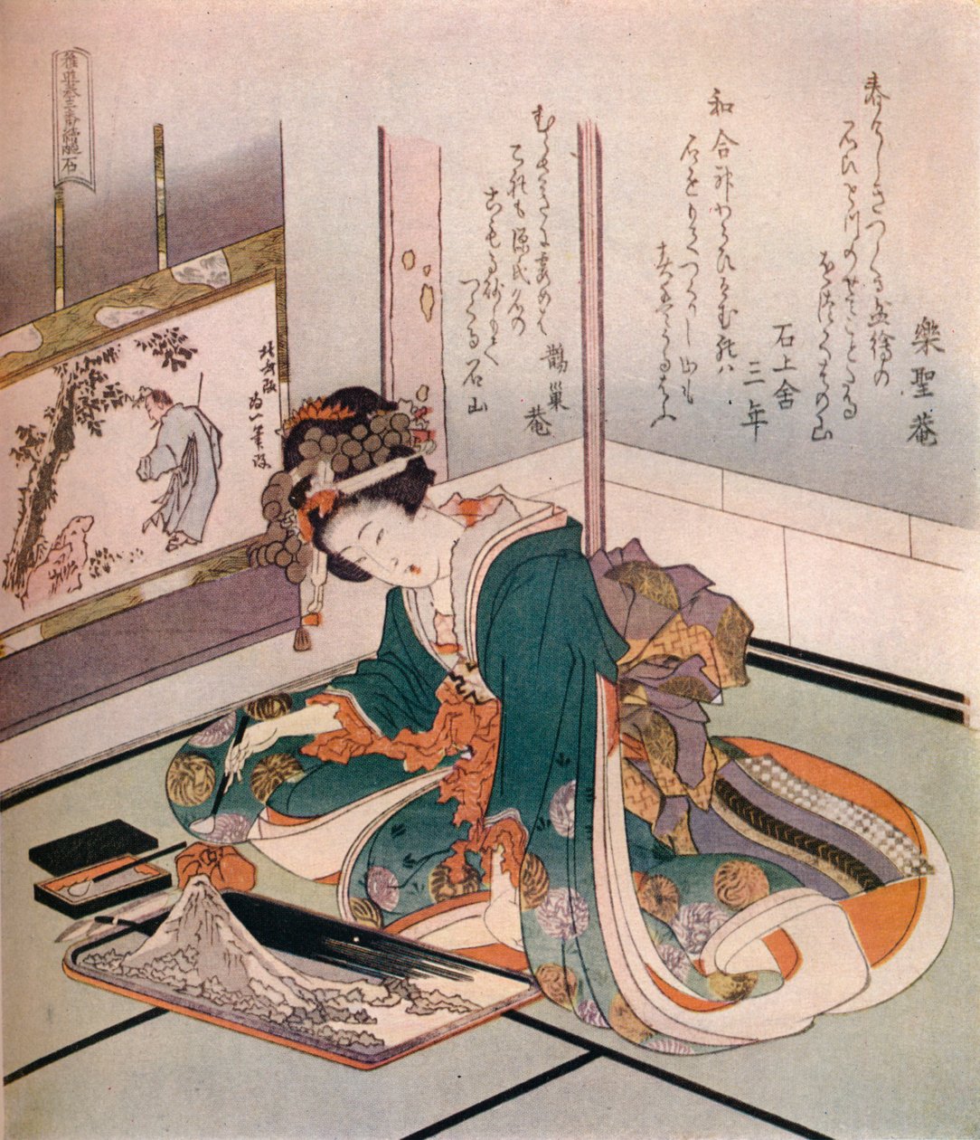 Nainen tekemässä pienoismallia Fuji-vuoresta, c1823. tekijältä Katsushika Hokusai