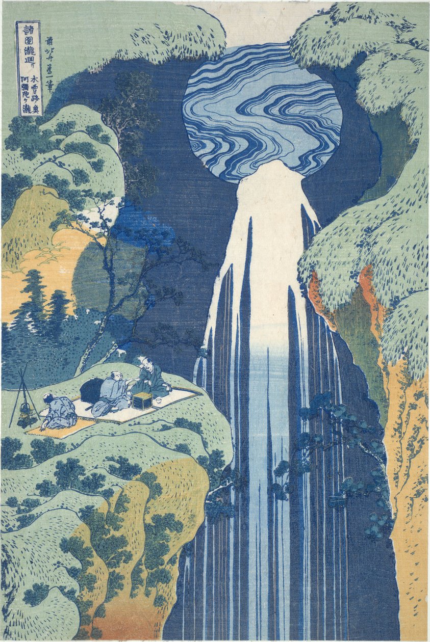 Amidan vesiputous kaukana Kiso-tien varrella, sarjasta ”Vesiputouskierros eri maakunnissa” tekijältä Katsushika Hokusai