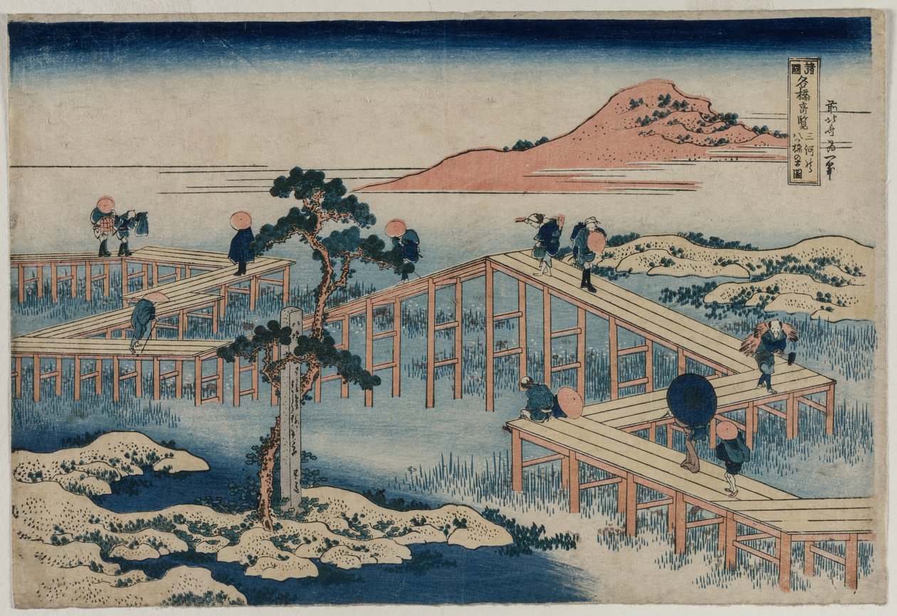 Una imatge antiga del pont de vuit parts a la província de Mikawa (de la sèrie Curious Views of Famous Bridges in the Provinces) finès tekijältä Katsushika Hokusai