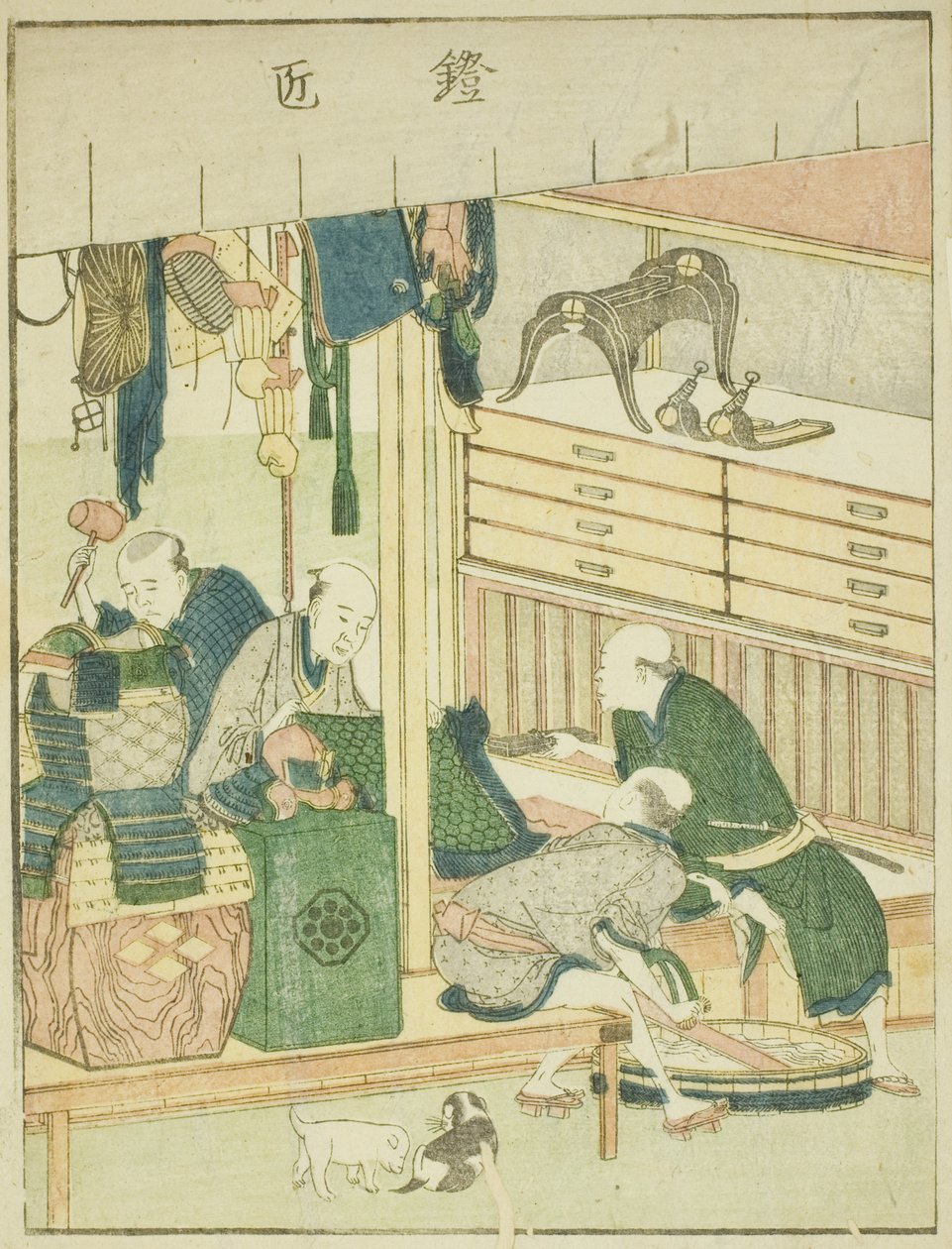 Panssari (Yoroi takumi), kuvitetusta kirjasta "Idän huvittelujen kuvakirja (Ehon Azuma asobi)" tekijältä Katsushika Hokusai