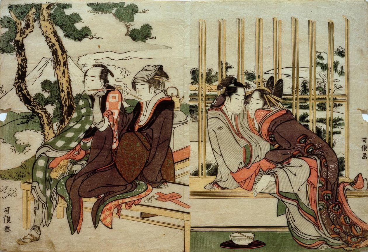 Azuma ja Yogoro im Altschnee. Koman und Yosaku im Abendrot tekijältä Katsushika Hokusai