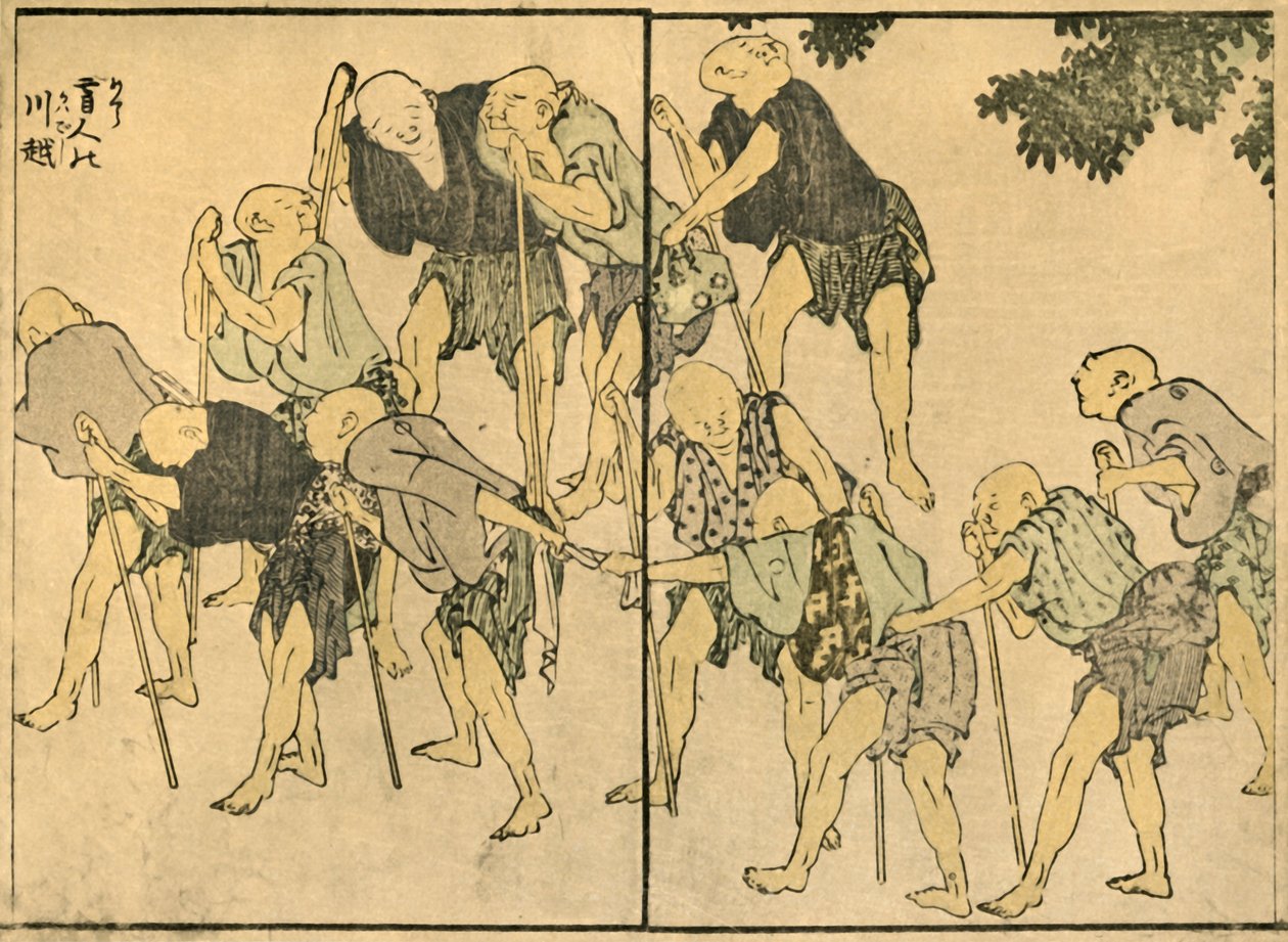 Paljasjaloiset vanhukset kävelykeppien kanssa, 1820, 1924. tekijältä Katsushika Hokusai