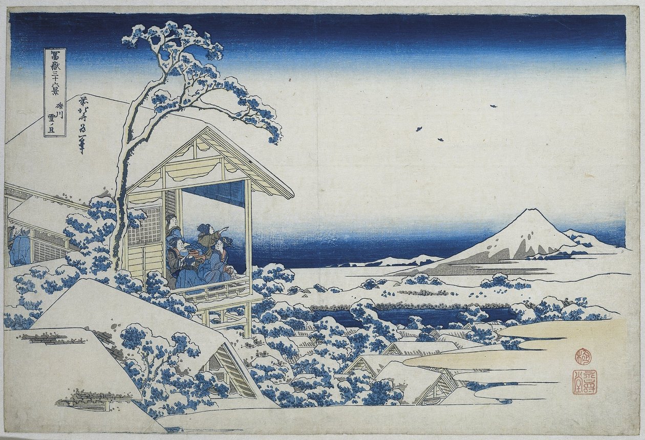 Luminen aamu Koishikawassa Koishikawa yuki no tan (otsikko esineessä) 36 näkymää Fuji-vuorelle (sarjan nimi) Fugaku sanjurokkei (sarjan nimi esineellä) tekijältä Katsushika Hokusai