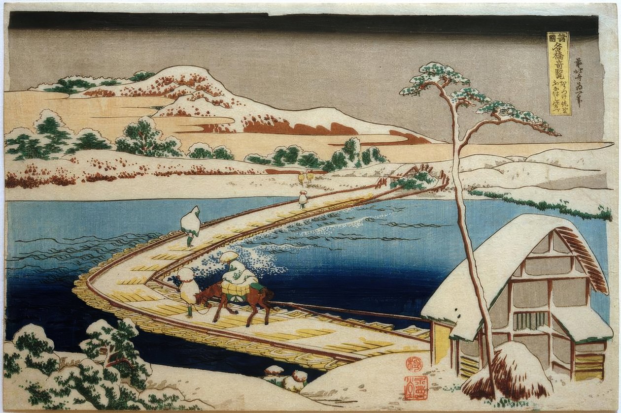 Blick auf die frühere Bootsbrücke bei Sano in der Provinz Kôzuke tekijältä Katsushika Hokusai