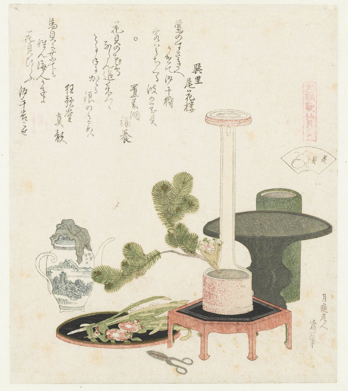 kukkakuori Hanagai (otsikko esineessä) Genroku-runojen ja kuorien vertailu (sarjan nimi) Genroku kasen kaiawase (sarjan nimi esineellä) tekijältä Katsushika Hokusai