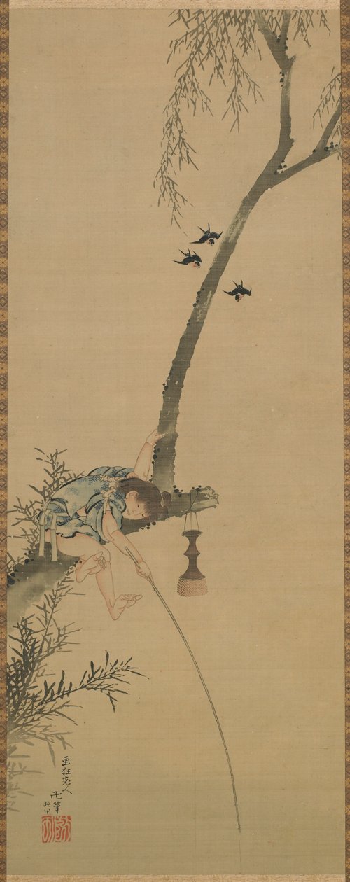Poika kalastamassa puun oksasta, Edo-kausi, 1839. tekijältä Katsushika Hokusai