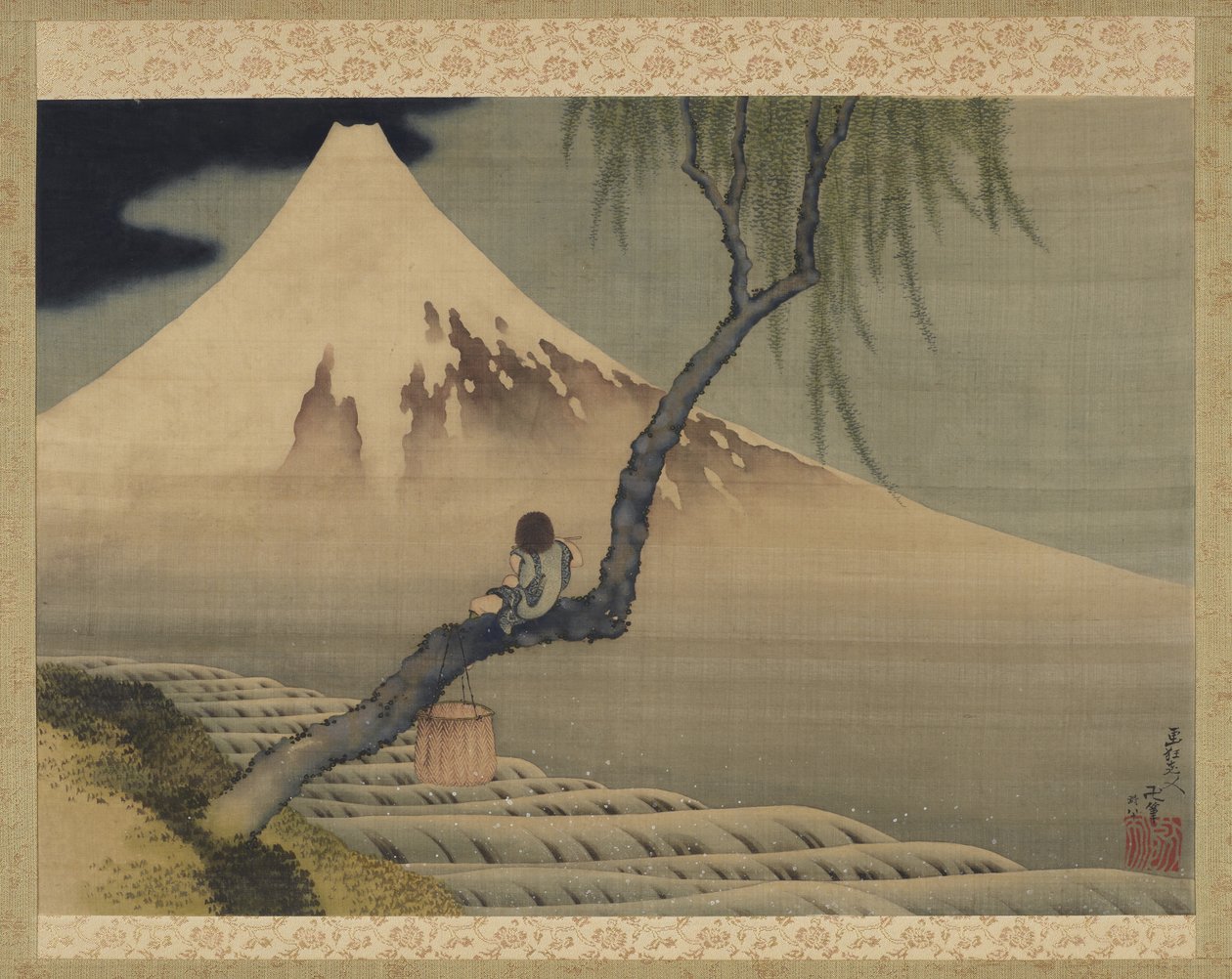 Poika katselemassa Fuji-vuorta, 1839 (muste ja väri silkillä) tekijältä Katsushika Hokusai