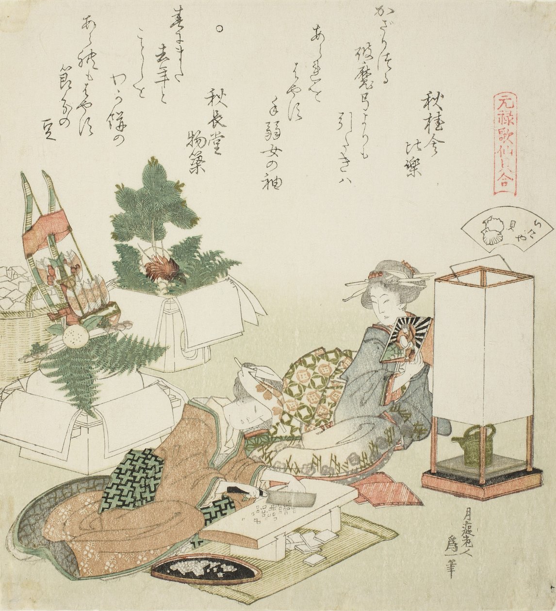 Riisikakkujen pilkkominen, kuva The Board-Roof Shellille tekijältä Katsushika Hokusai