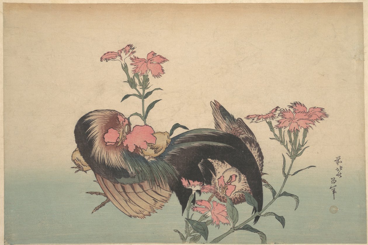 Kukko, kana ja Nadeshiko (Dianthus Superbus) tekijältä Katsushika Hokusai