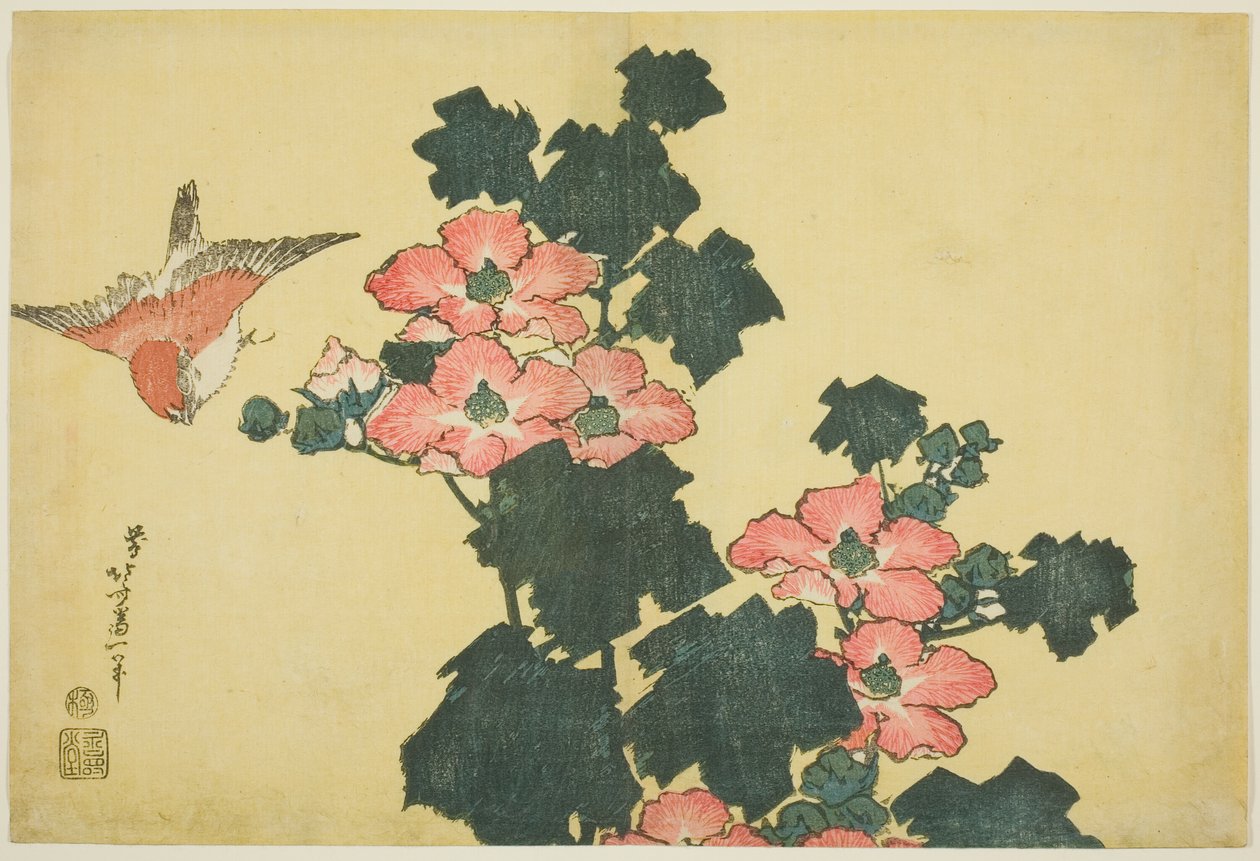 Puuvillaruusut ja Sparrow, nimettömästä Large Flowers -sarjasta tekijältä Katsushika Hokusai