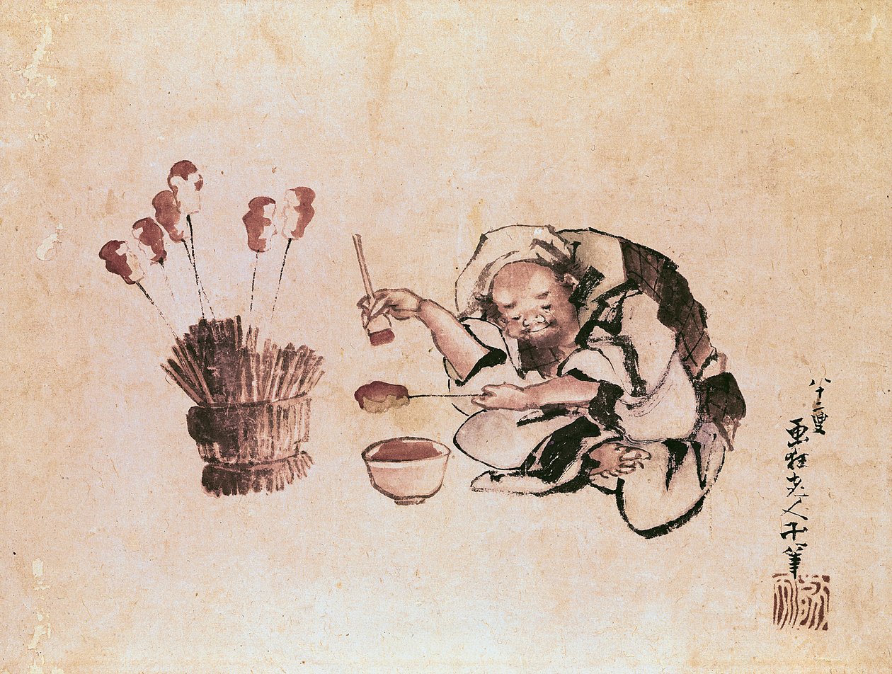 Käsityöläinen maalaa leluja (kynä, muste ja wc paperille) tekijältä Katsushika Hokusai